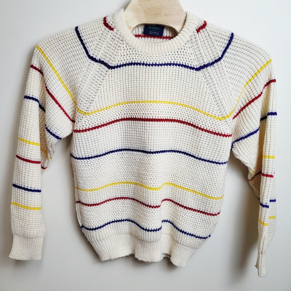 Vintage Mens Medium Arrow Blazer Collection Cream Striped Waffle Knit Sweater